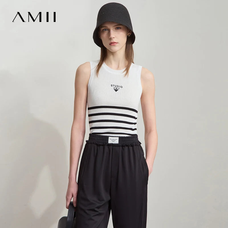 អាវកាក់រដូវក្តៅថ្មីរបស់ Amii Minimalist សម្រាប់ស្ត្រី កអាវរាងអក្សរ O ឆ្នូតៗ ប៉ាក់ពណ៌ ដៃអាវប៉ាក់ 12512036