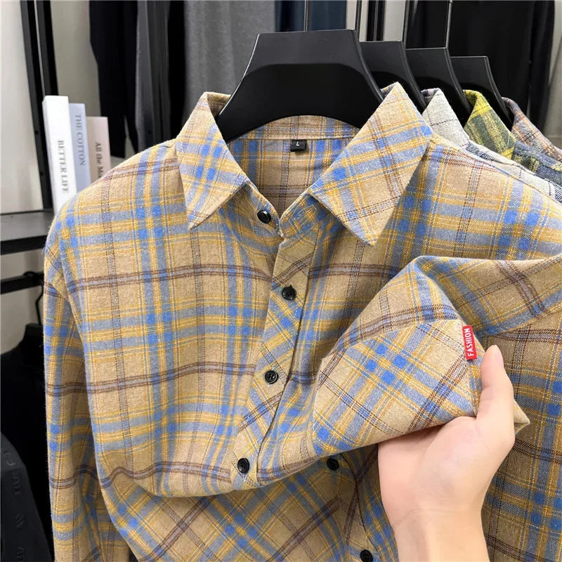 Fashion Check Pattern Men Long Sleeve Shirt Classic Lapel Design Versatile Matching Layer Outfit Street Casual Shirt