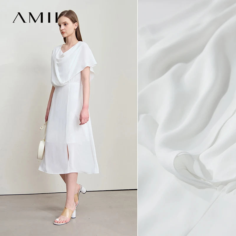 Amii Minimalist Light Luxury Dress 2026 Summer New Office Lady Elegant Ruffle Short Sleeves Swing Neck Midi Dress Robe 12552097