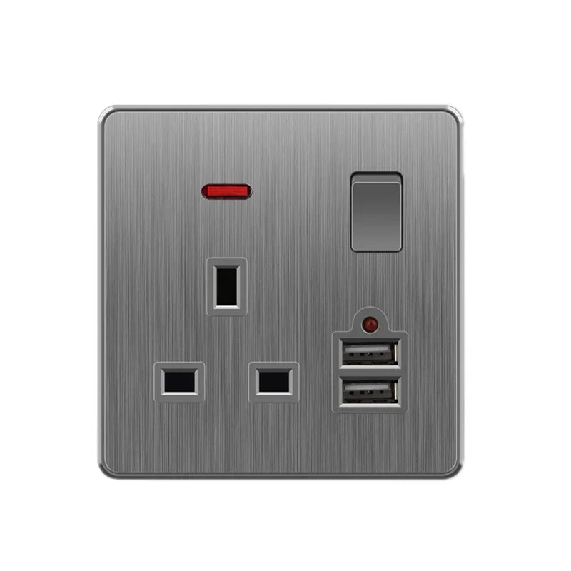 Nordic style large tilt plate grey 13A British standard electrical switch socket, universal wall dual socket with USB port 2.1A