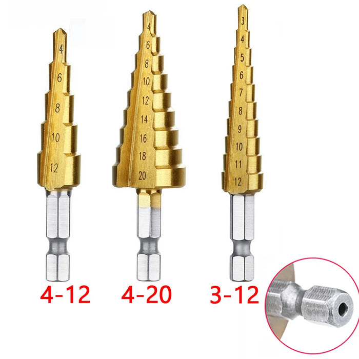 4-12 4-20 4-32 MM HSS Titanium Coated Step Drill Bit High Speed Steel Metal Wood Hole Cutter Cone Drilling Tool 3pcs Hexagon handle1