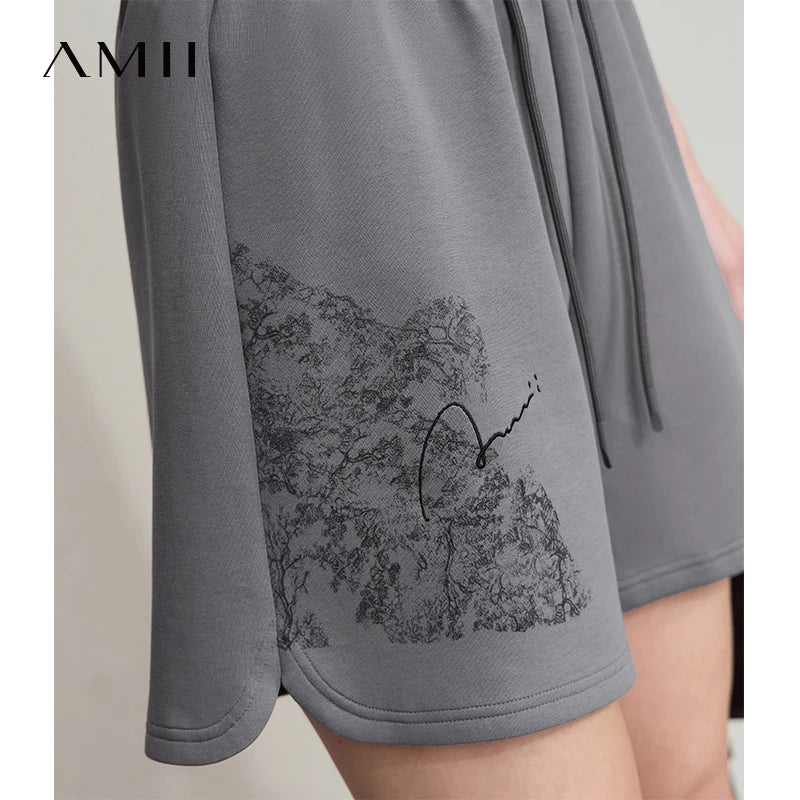 AMII Minimalist Casual Shorts for Women 2026 Summer Print Sports Style Short Pants Female Knitting Straight Pant Woman 12522004