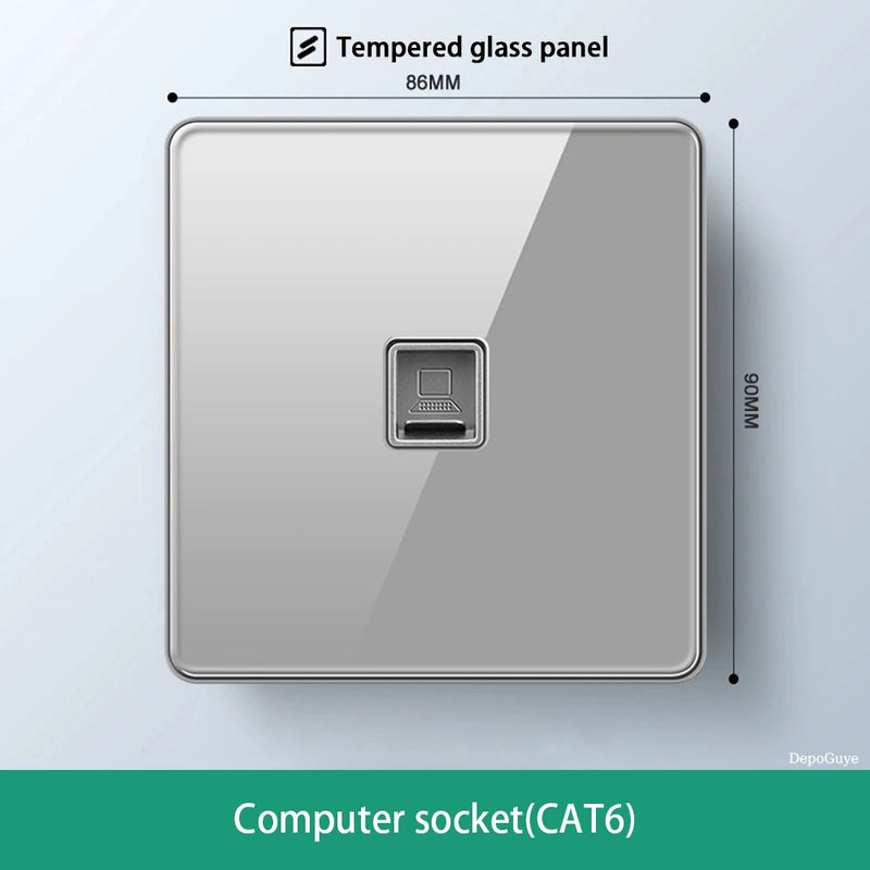 Deluxe Grey Tempered Glass Panel UK 13A Plug Electrical Socket, Double 5 Pin Socket and Switch, EU Universal USB C Wall Socket