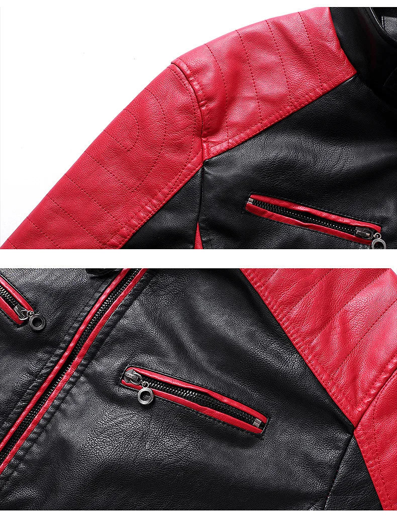 Autumn Men's Stand Collar Color-Block PU Jacket, Black Faux Leather Jackets, Spring Casual Coat. Asian Size Loose Fit Top.