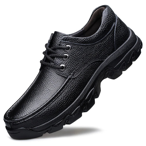 Men Black Genuine Leather Shoes Sturdy Hard Thick Rubber Sole Non‑Slip Casual Business Shoes Lace‑Up Durable Outdoor Work