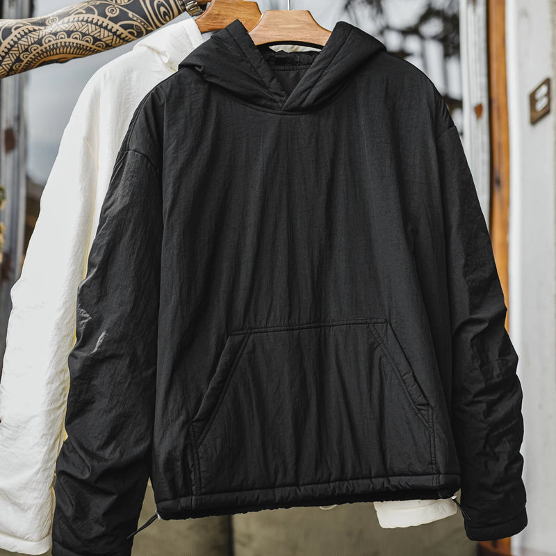 Maden Men's Big Pocket Hoodie Plush Lined Water Resistant Pullover Drop Shoulder Gather Sleeve Winter Coat for Casual Commuting