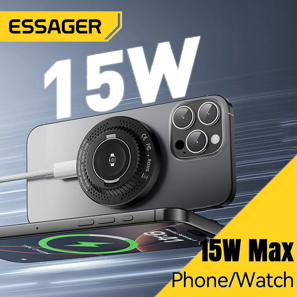 Essager 2-in-1 Magnetic Wireless Charger 15W With Holder Portable Fast Charging For iPhone 16 15 14 Pro Max iWatch Huawei Xiaomi