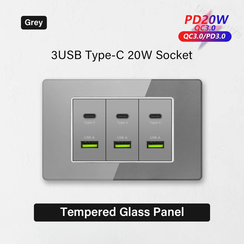 Type 118 Grey Tempered Glass Panel EU Wall Light Switch,Europe Wall Socket With USB Type-c 18W Quick Charge Outlet 118*75mm