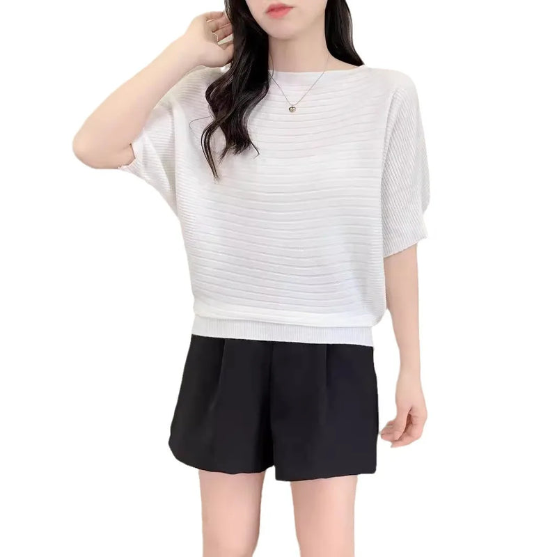 Female Jumper Korean Short Knitted Sweater One-word Collar Top Women's Five-quarter Sleeves Spring Autumn Pullover Shirt