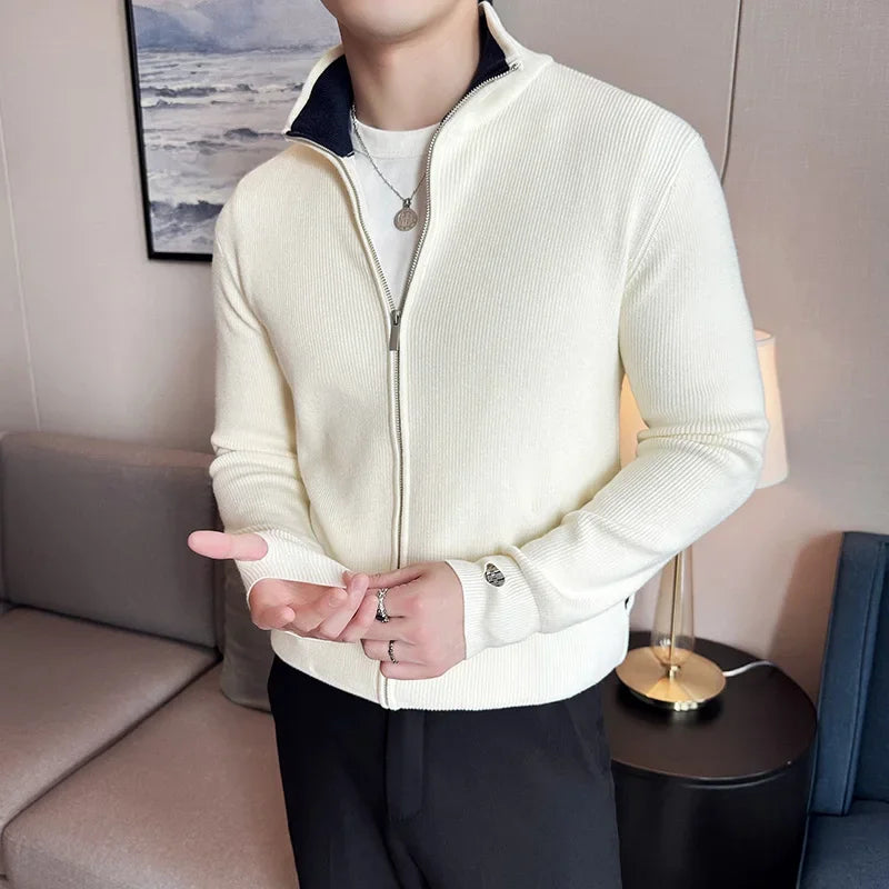 Autumn and Winter Stretch Solid Color Zipper Cardigan, Daily Casual Men's Business Casual Sweater.Stand-up Collar Coat