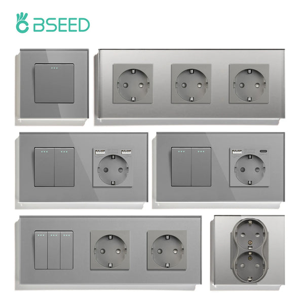 BSEED Mechanical Wall Button Switch 1/2/3Gang 1Way With Wall Power Socket Glass Frame USB Type-C Charge Port Home Improvement