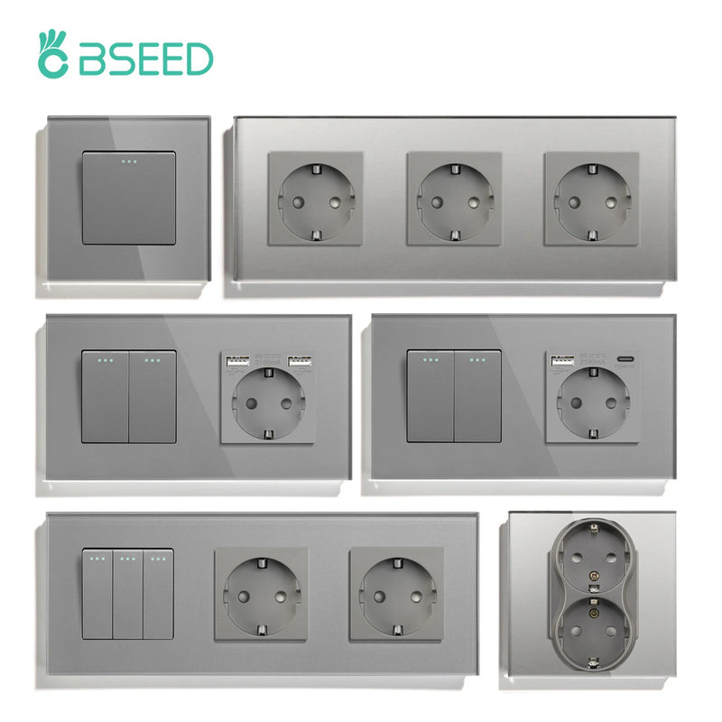 BSEED Mechanical Wall Button Switch 1/2/3Gang 1Way With Wall Power Socket Glass Frame USB Type-C Charge Port Home Improvement