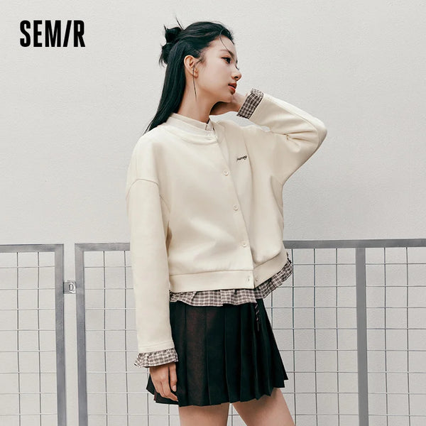 អាវក្រៅស្ត្រី Semir ខ្លី រាងក្រឡាចត្រង្គ ប៉ាក់ពីរដុំ រលុង ស្មាទម្លាក់ចុះ ប៉ាក់ អាវក្រៅធម្មតា 2026