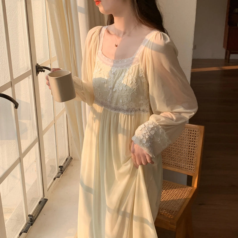 Spring Autumn French Nightgowns For Women Sleep Shirt Long Sleeved Mesh Modal Sleepwear Women's Nightwear Sweet Night Dress
