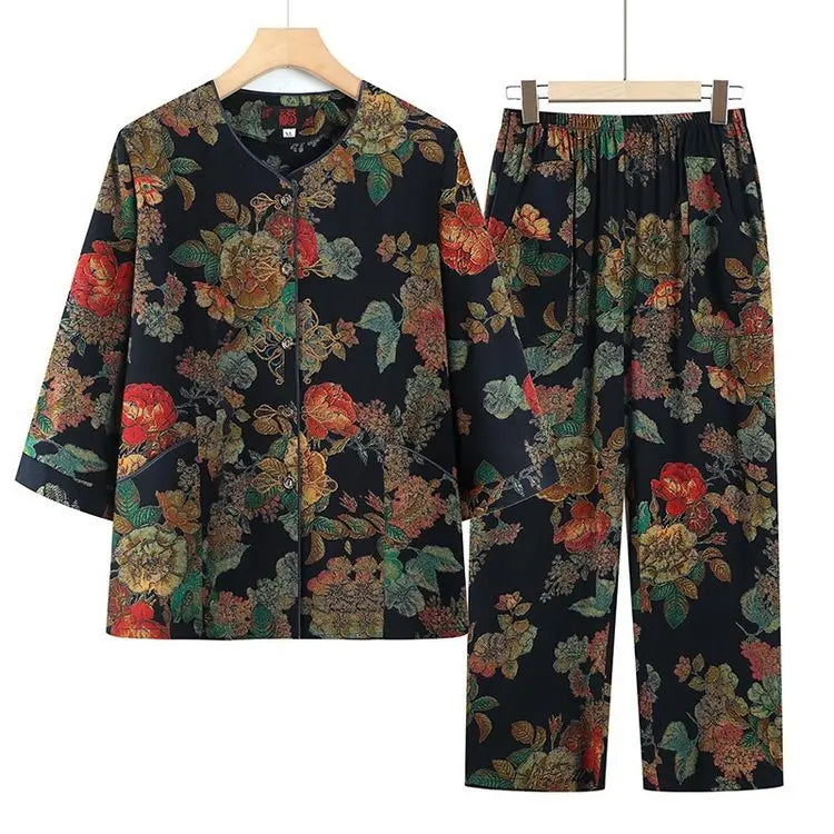 ឈុត Pijama សម្រាប់ស្ត្រី XL-5XL ទំហំធំ រដូវផ្ការីក រដូវស្លឹកឈើជ្រុះ សម្លៀកបំពាក់នៅផ្ទះ ធម្មតា ម្តាយវ័យកណ្តាល ឈុតពីរដុំ ឈុតក្រៅផ្ទះ