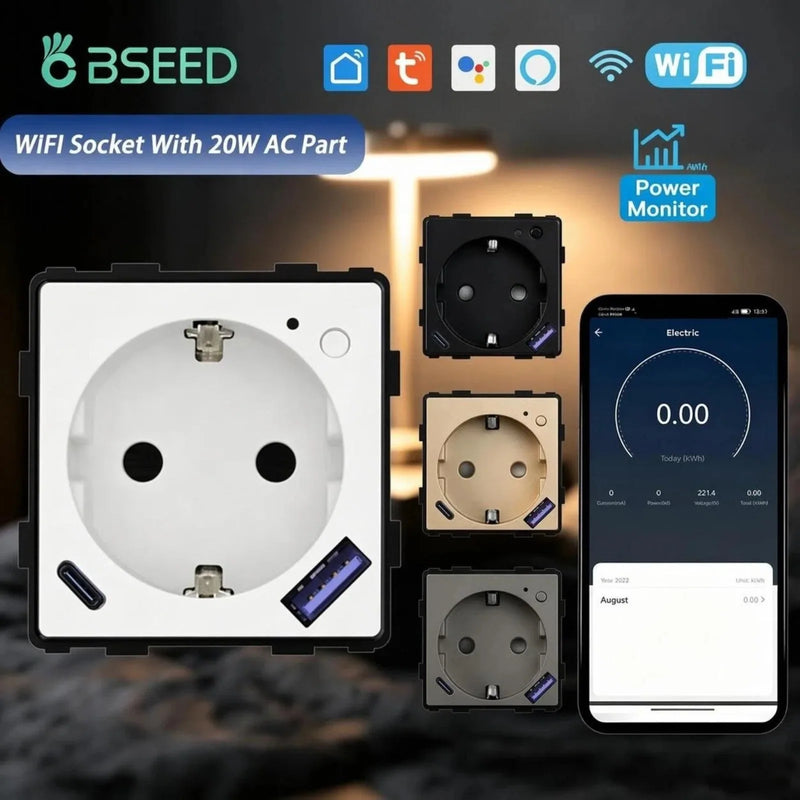 BSEED M1 Series Wifi Socket With Monitor Function Smart Outlet With 20W USB Type-C Port Module Tuya Smart Life Control DIY Parts