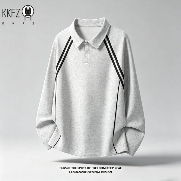 Mens Long Sleeve Lapel Polo With Contrast Striped Panels Raglan Seam Soft Relaxed Fit Street Daily Outfit