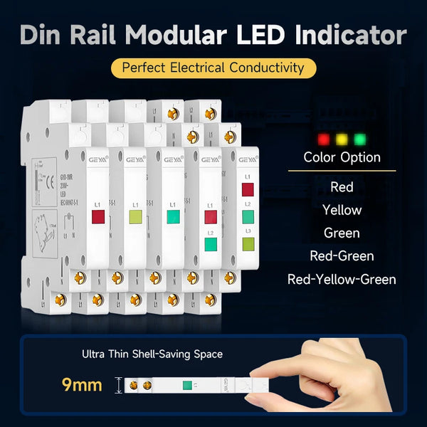 ភ្លើងសញ្ញា GEYA Din Rail 230V ភ្លើងសញ្ញា LED ពីរ ភ្លើងសញ្ញាម៉ូឌុល ភ្លើងសញ្ញា LED ពណ៌ក្រហម បៃតង លឿង