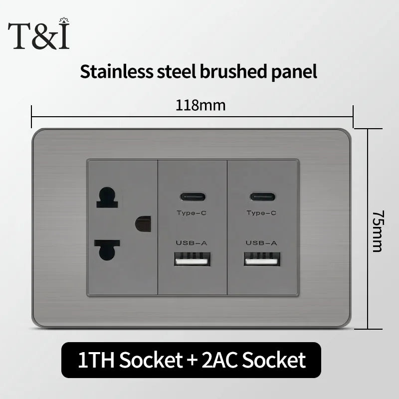T&I 118 Premium Stainless Steel Brushed Wall Socket with USB Type - C, US Switch, Thai Plug for Home & Office Use