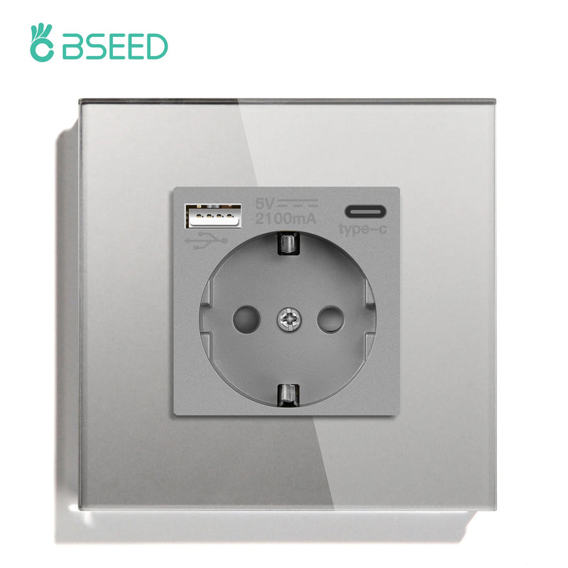 BSEED EU Double Wall Light Switches Touch Switch Wall Socket USB Type-C Charge Port Crystal Glass Panel Switch Blue Blacklight