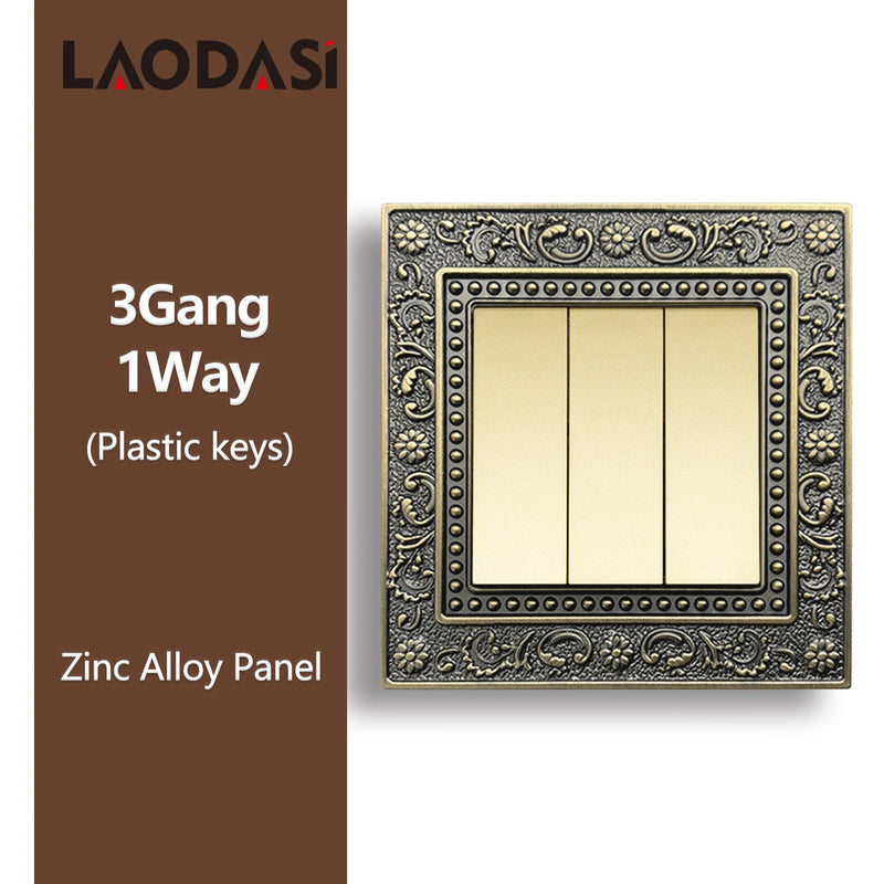 Deopoguye Vintage EU FR UK Light Switch Socket,Europe Standard Metal Zinc Alloy Push 1/2/3Gang Switch Panel for Home Improvement