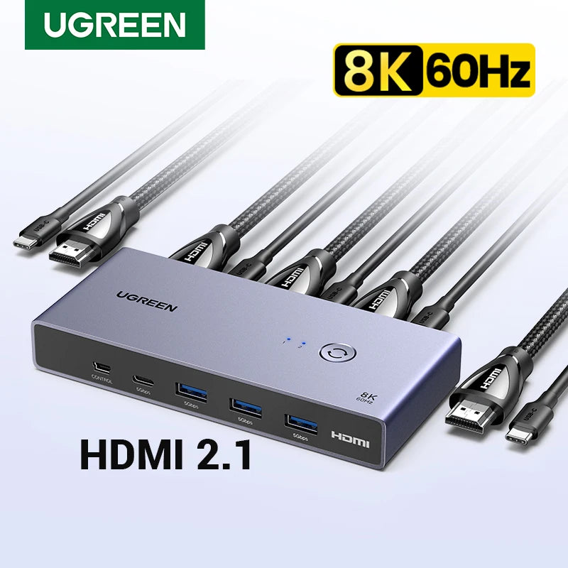 UGREEN HDMI KVM Switch 2 in 1 Out 8K 60Hz USB C Display Sharing for Monitor Keyboard Mouse USB 3.0 HDR Support