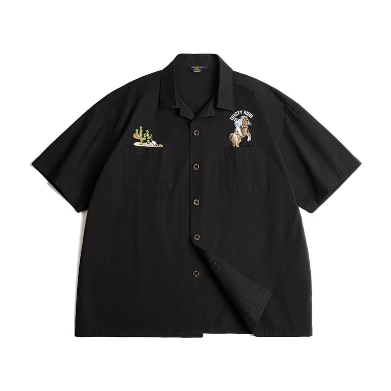 Maden Men Retro Cuban Collar Shirt Black Cotton Short Sleeve Embroidery Blouse Single-Breasted Hawaiian Aloha Shirt for Summe