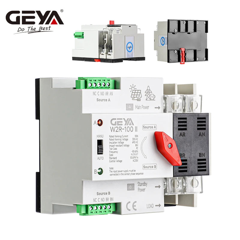 GEYA PV សូឡា ឬ ថាមពលទីក្រុង ATS 110V 220V PC កុងតាក់ផ្ទេរដោយស្វ័យប្រវត្តិថាមពលពីរ 100A ថាមពលមិនមានការរំខាន Mini ATS