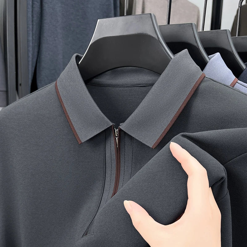 Men's Premium Long-Sleeve Polo Shirt Silk & Wool-Blend Fabric Breathable & Soft -4 Color Options -Upgraded Comfort Design
