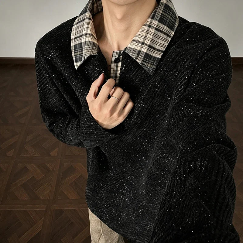 Mens V Neck Corduroy Pullover With Plaid Lapel Collar Long Sleeve Diagonal Texture Loose Casual Autumn Top