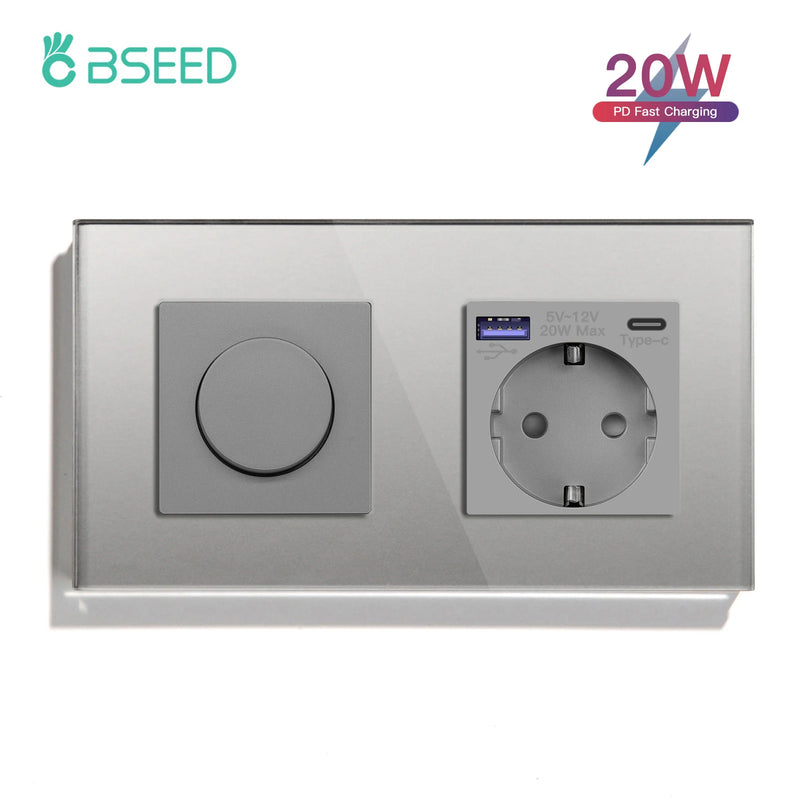 BSEED Mechanical Dimmer Light Switch Plus EU Socket USB Type-C Port Power Outlet Led Dimmable Switch Glass Frame 10A