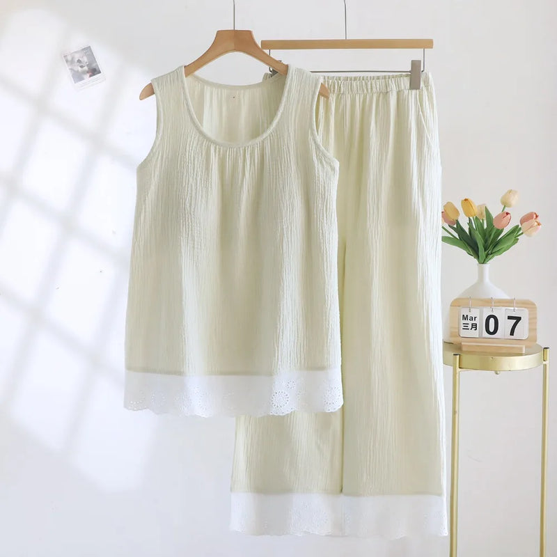 Two Piece Thin Sleeveless Pajamas Woman Summer Sleepwear Cotton Home Suit Sleep Loose Lounge Pijama Wear Women's Home Clothes
