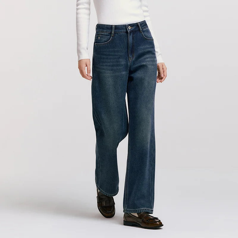 Semir Wide Leg Jeans Loose Fit Fleece Lined Women 2025 Winter Retro Style Casual Fashion Long Denim Comfortable Pants