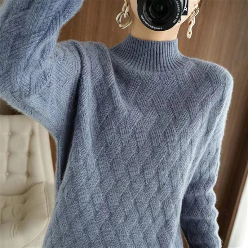 Autumn Winter Half High Neck Pullover Sweater For Women's Bottom New Loose Knitted Tops Long Sleeved Warm Pull Femme Clothes