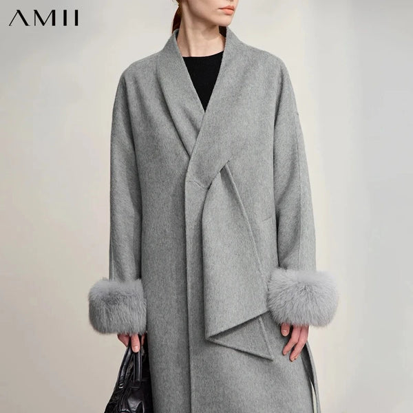 Amii Wool Coat For Woman Loose Warm Long Women's Coat Drop-shoulder Sleeves Elegant V-Neck 2026 Winter New Double-sided 12554029
