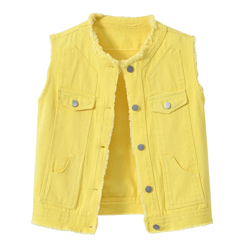 2026 Women's Pink Sleeveless Vest Jacket, Single Breasted Reason Denim Jacket, Asian Size, White Green Orange Yellow Available