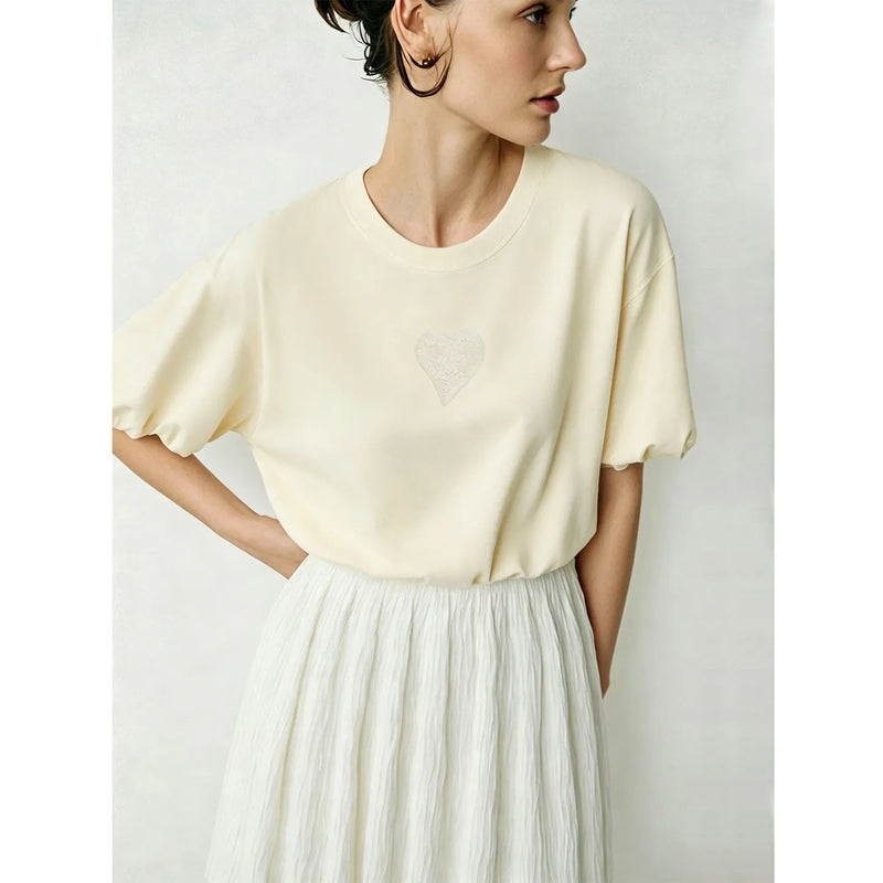 Amii Women's Short Sleeve Tee 2026 Summer New Heart Embroidered Round Neck Drop Shoulder T-shirt Loose Fit Casual Top 12622191