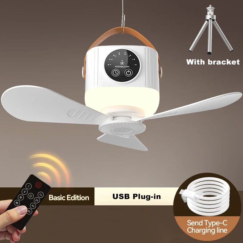 7200mAh Portable Camping Fan Rechargeable Ceiling Fan Light Quiet Wireless Fan with Remote Timing for Camping Tent Dorm Room
