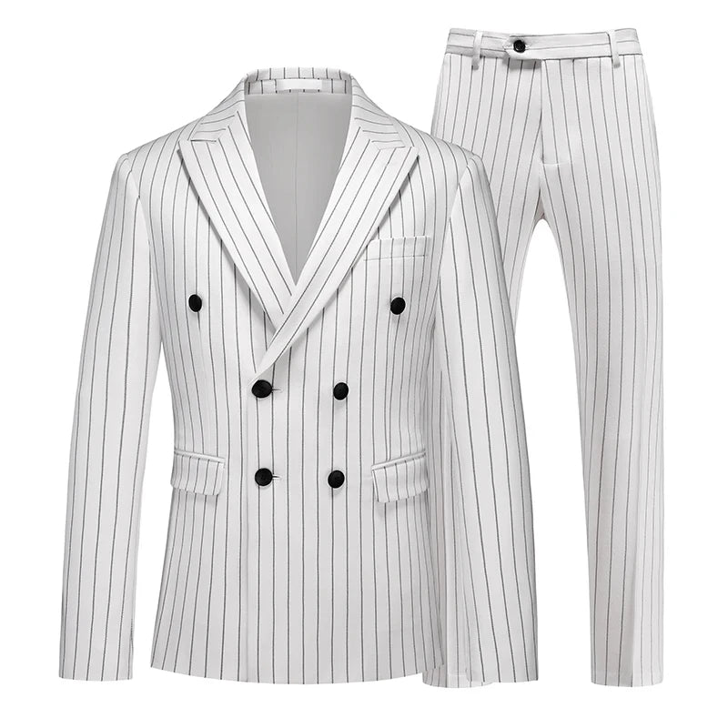 2026 New Men's Striped Red Suit 3-Piece, White Jacket and Pants Vest, Asian Size Available in White/Black, Fashionable Option fo