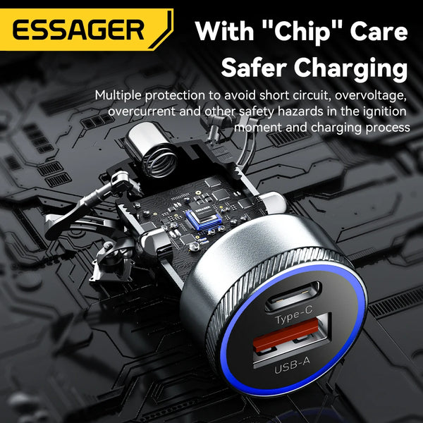 ឆ្នាំងសាករថយន្ត Essager 54W USB 5A សាកលឿន QC 3.0 PD 3.0 SCP AFC USB Type C ឆ្នាំងសាកទូរស័ព្ទក្នុងរថយន្ត សម្រាប់ iPhone Huawei Samsung Xiaomi