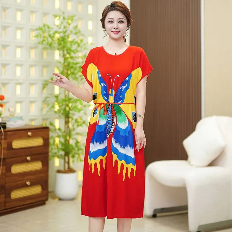 Loose Middle Aged Mother Nightwear Dress Big Size Short Sleeve Women's Sleepwear Night Shirt Summer Nightgown Loungewear