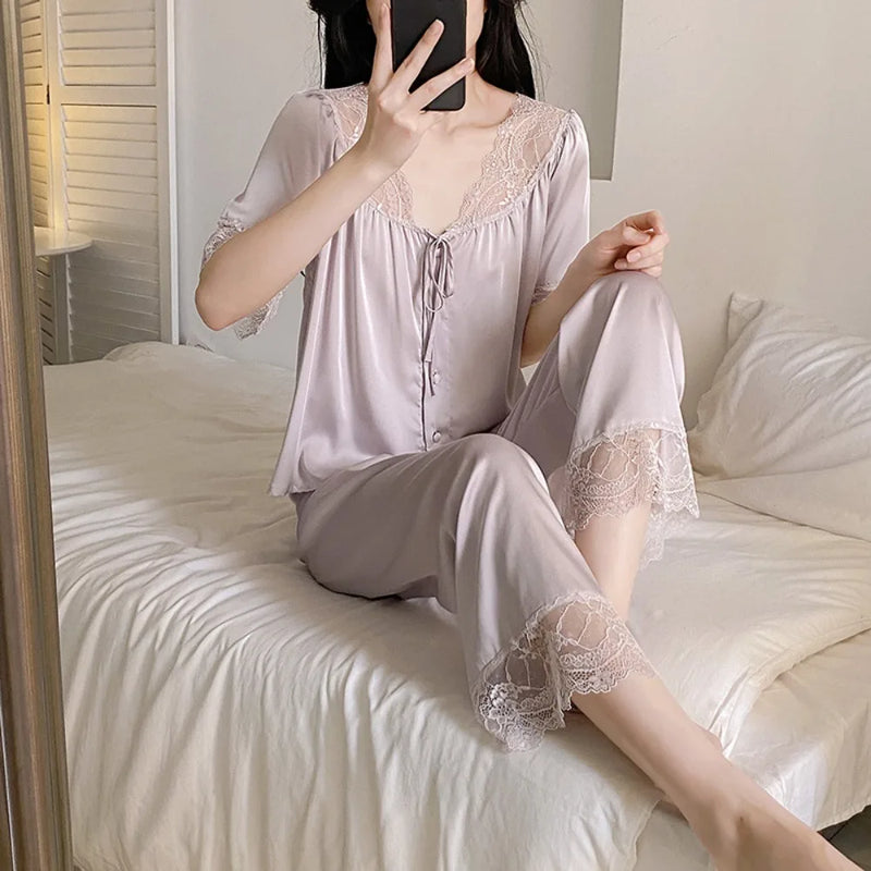 Silk Pajama Set Short Sleeve Long Pants 2 Piece Loungewear Home Clothes Sleepwear Pijama Summer Suit Loungewear Set for Women