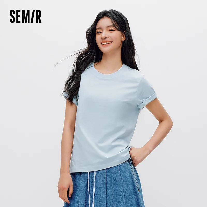 Semir Women Tshirt Solid Color Slim Fit Crew Neck Short Sleeve Summer 2026 Versatile Casual Everyday Fashion Top