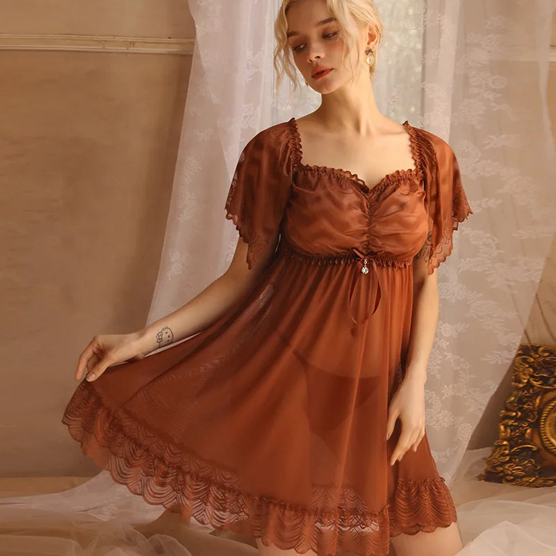 Fashion New Nightgowns For Women Sexy Lace Sleepwear Short Dress  Short-Sleeve Night Wear Plus Size Ladies Nightshirt M-3XL