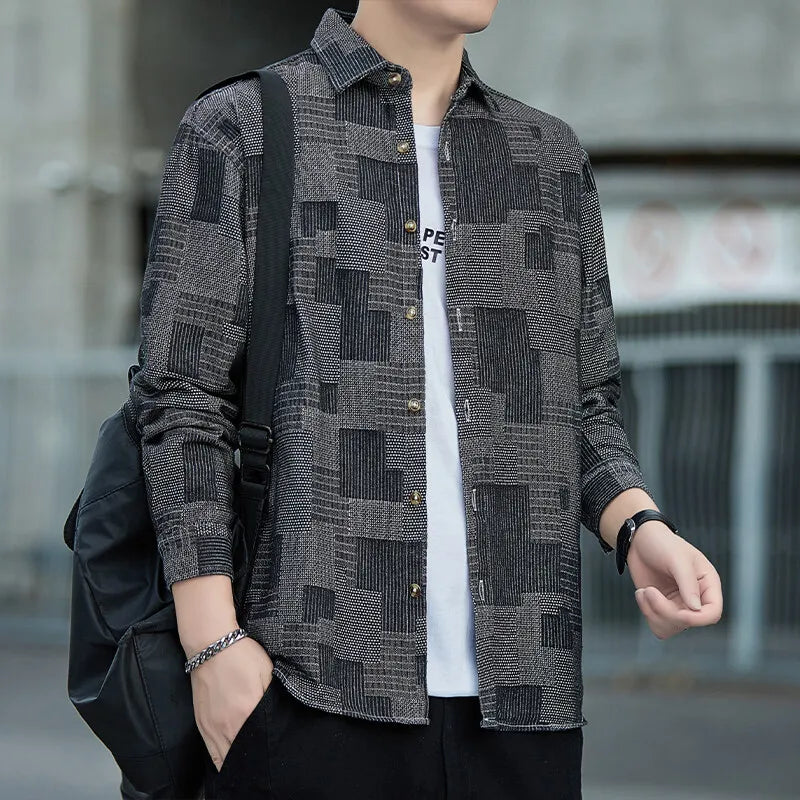 2026 Men's Blue Denim Long Sleeve Shirt,Black Single Breasted Lapel Plaid Shirts, Fashion Casual Loose Top