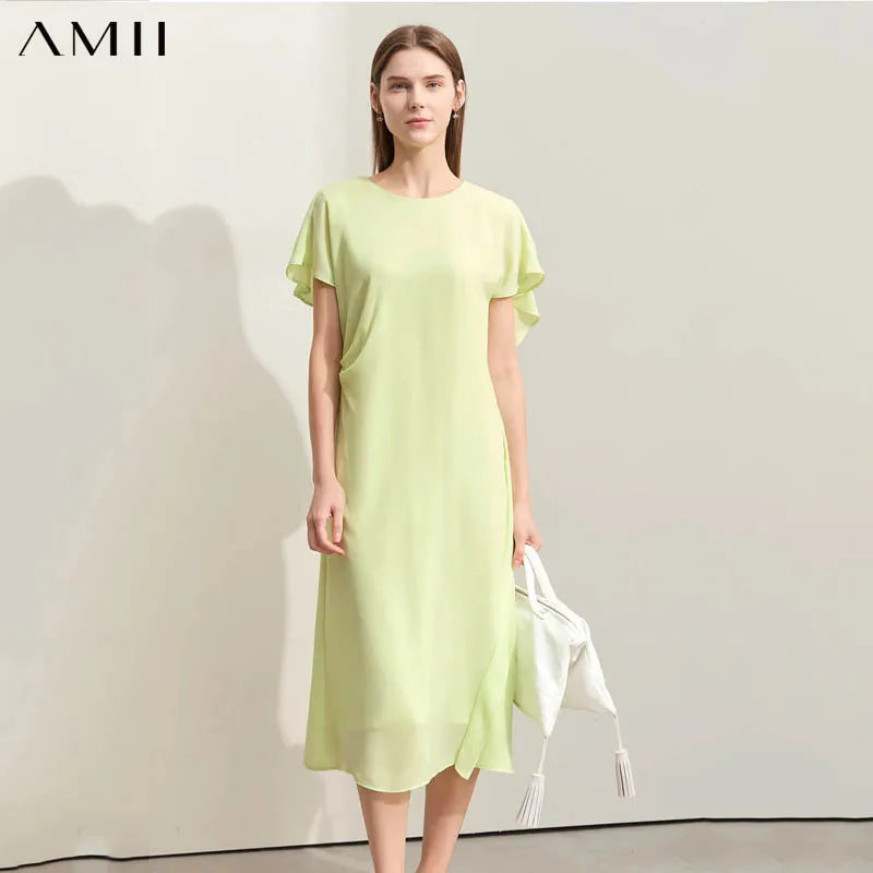 AMII រ៉ូបសាមញ្ញឆើតឆាយសម្រាប់ស្ត្រីឆ្នាំ ២០២៦ រដូវក្តៅ V-Neck Flounce Edge Luxury Chiffon Midi Dress Woman Clothes 12452128