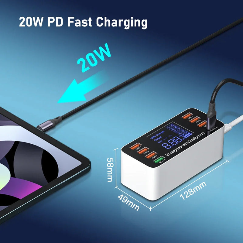ឆ្នាំងសាក USB 8 រន្ធ QC3.0 សាកលឿន សាកថ្មទូរស័ព្ទ អាដាប់ទ័រប្រភេទ C 20W PD សាកលឿនសម្រាប់ iPhone 13 12 Samsung Xiaomi Huawei