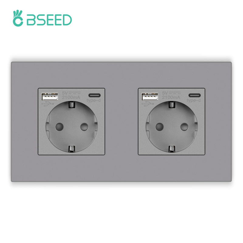 BSEED Button Switch 1/2/3Gang 1Way Wall Sockets With USB Type-C Phone Charger Mounted Double Socket Plastic Panel Triple Outlets