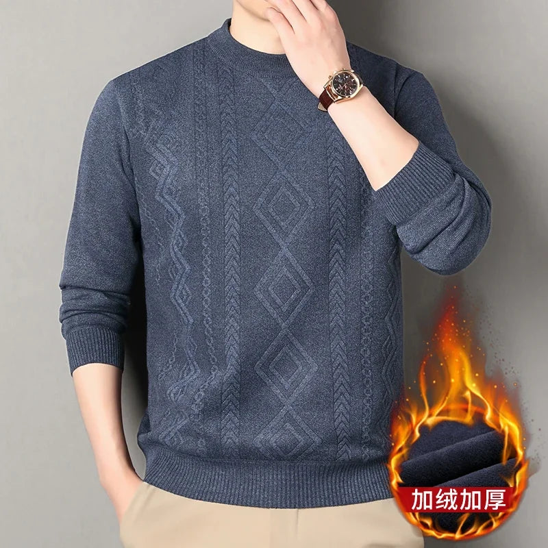 Jacquard Pattern Male Warm Sweater Full Fleece Lining Elastic Hem Crew Neck Office Semi Formal Long Sleeve Pullover