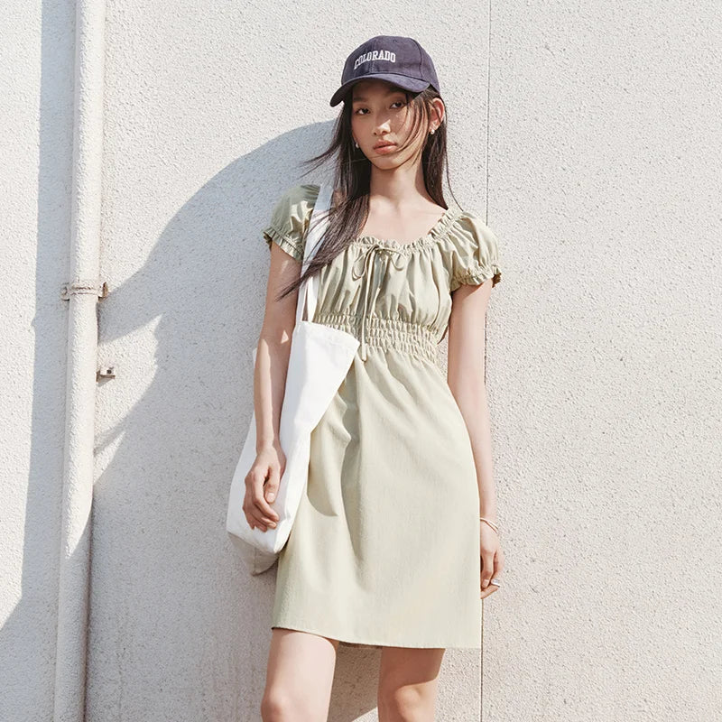 Semir Bowknot Dress Women Youthful 2025 Summer New Playful Square Neck Lace Trim Flirty Short Dress